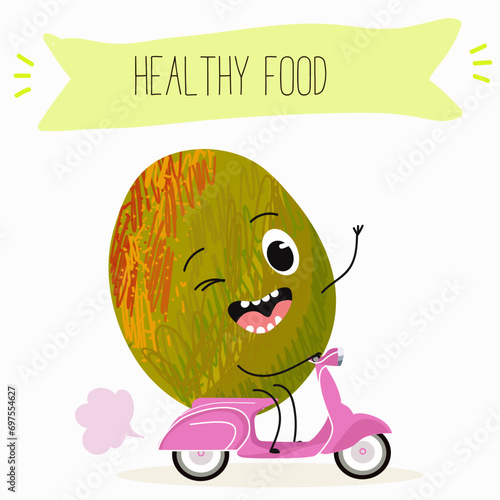 Cute mango cartoon characters with different activities. Flat vector illustration, funny fruits. Organic food.