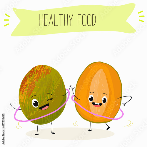 Cute mango cartoon characters with different activities. Flat vector illustration, funny fruits. Organic food.