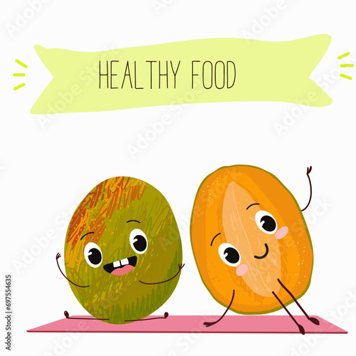 Cute mango cartoon characters with different activities. Flat vector illustration, funny fruits. Organic food.
