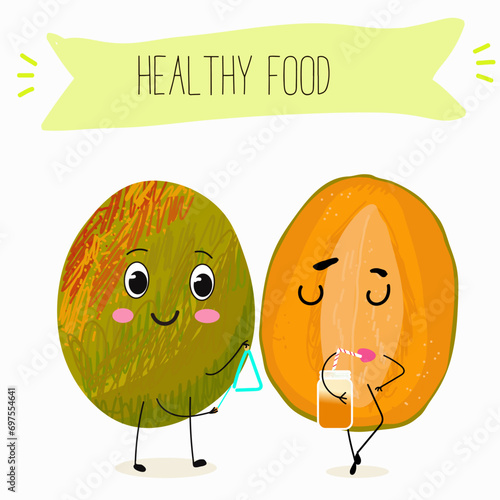 Cute mango cartoon characters with different activities. Flat vector illustration, funny fruits. Organic food.