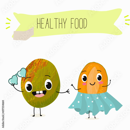 Cute mango cartoon characters with different activities. Flat vector illustration, funny fruits. Organic food.