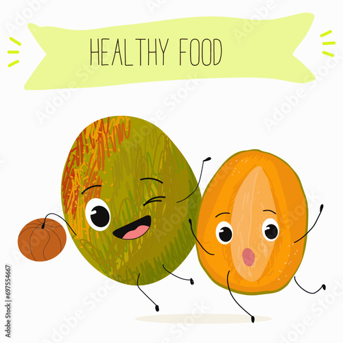 Cute mango cartoon characters with different activities. Flat vector illustration, funny fruits. Organic food.