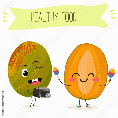 Cute mango cartoon characters with different activities. Flat vector illustration, funny fruits. Organic food.