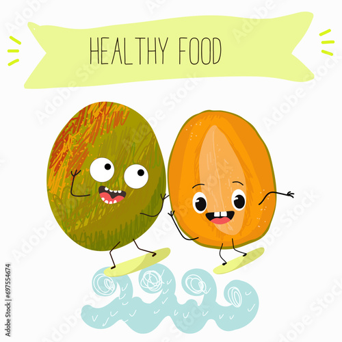 Cute mango cartoon characters with different activities. Flat vector illustration, funny fruits. Organic food.