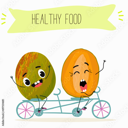 Cute mango cartoon characters with different activities. Flat vector illustration, funny fruits. Organic food.