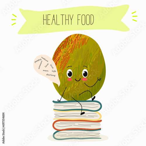 Cute mango cartoon characters with different activities. Flat vector illustration, funny fruits. Organic food.