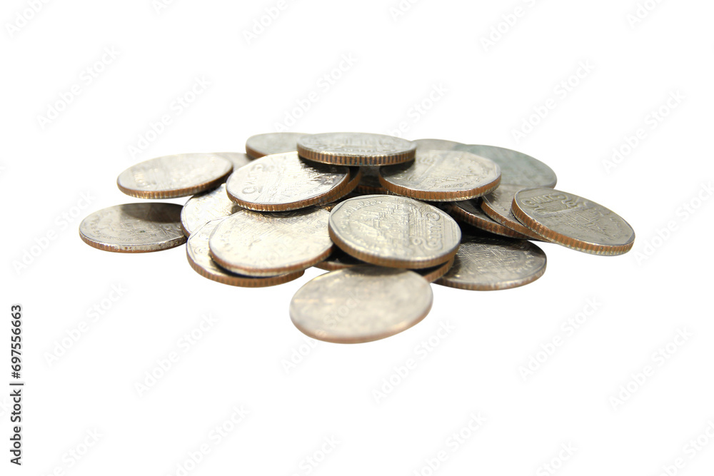 A large pile of coin money isolated on white background.Selection focus. A large pile of coin money isolated on white background.Selection focus.