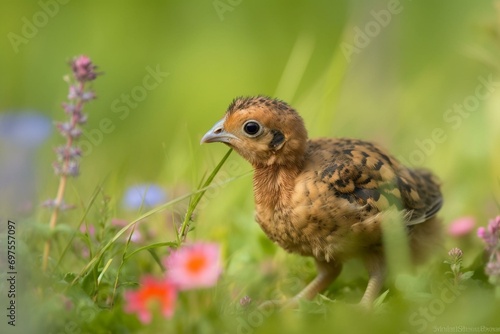 Cute pheasant chick discovering flowery meadow. Generative AI photo