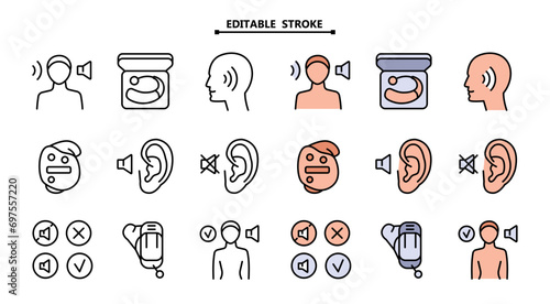 Hearing aid color icons set. Editable stroke. Auditory. Ear and hearing aid. Not listen. Search auditory. Vector Icons Set. Simple Style Pictogram. For better hearing, icon collection.