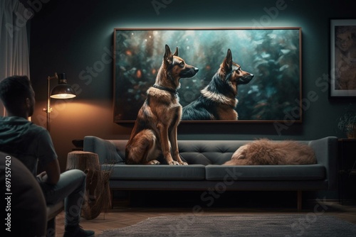 A pair installs artwork in their lounge as their pet observes them attentively. Generative AI © Elora