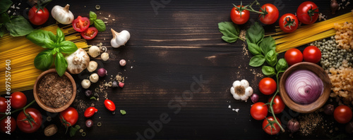 Italian spaghetti on dark black board background, above top view, text copy space, uncooked raw Italian pasta, tomatoes, basil, cooking ingredients on wooden table counter