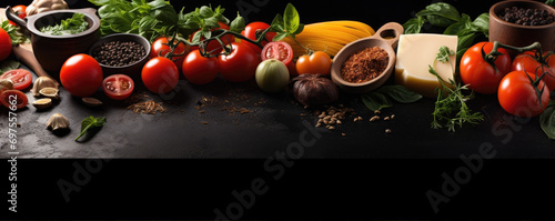 Italian food background on black stone board. Pasta  fresh tomatoes  basil  garlic  spices. Top view with copy space