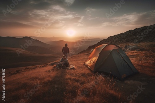 Sunset camping in the mountains. Generative AI