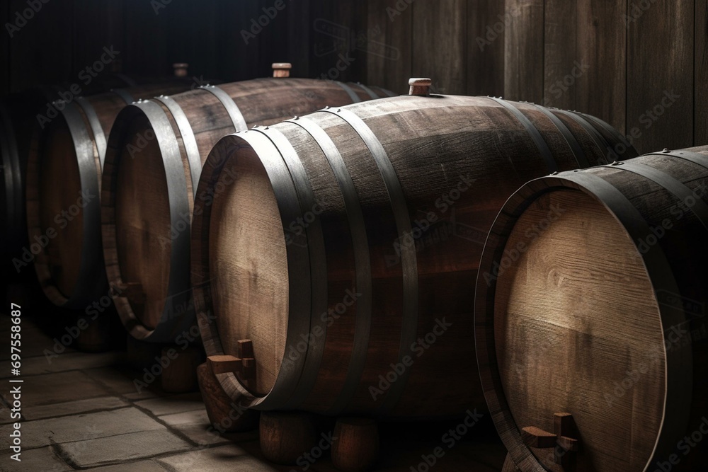 Closeup of wooden barrels in wine cellar. Generative AI