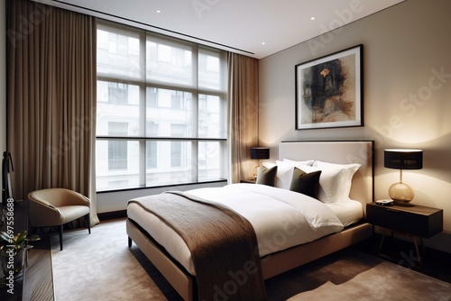 Sumptuous hotel room  contemporary bedroom design featuring a spacious window  artwork. Generative AI