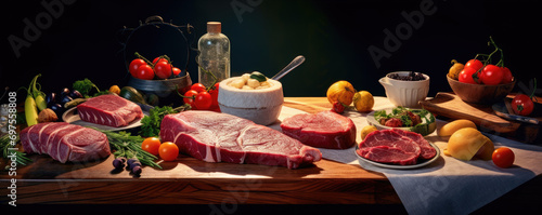 Raw beef steak with rosemary, spices and other ingredients on the table 