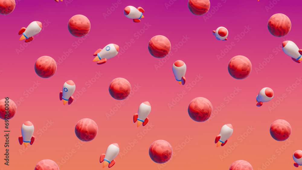 Colorful space rockets and red planets on a vibrant gradient background Colorful space rockets and red planets on a vibrant gradient background