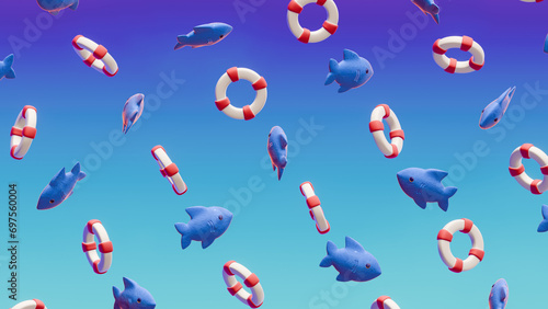 Blue fish and lifebuoys on a vibrant purple-blue gradient background