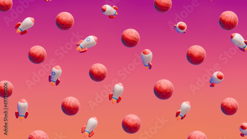 Colorful space rockets and red planets on a vibrant gradient background