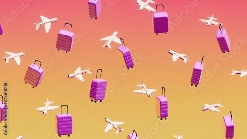 Travel white airplanes and purple suitcases floating on a gradient background.