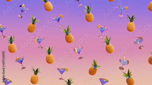 Vacation pineapples and cocktails on a  purple-pink gradient.