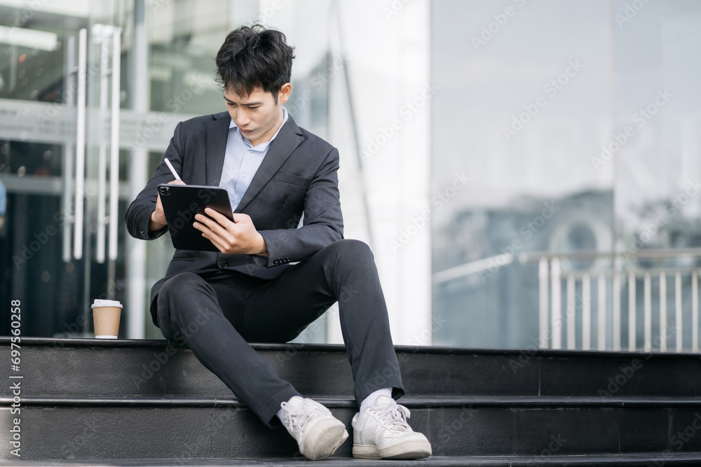 Young Asian businessman using a tablet sitting on stairs office building. Young Asian businessman using a tablet sitting on stairs office building.