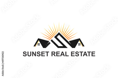 House logo design with S initial and sunrise vector illustration.