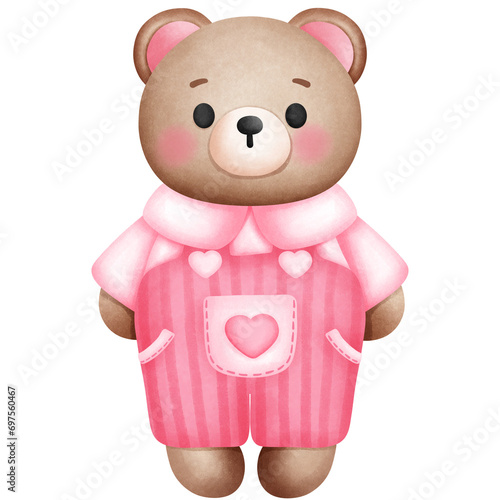 Watercolor cute boy teddy bear clipart. Nursery baby animal in pink outfits illustration.