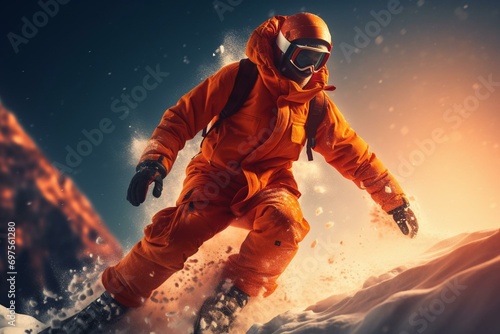 Mountain climbing and snowboarding in orange suit extreme sport illustration mockup advertising design. Generative AI