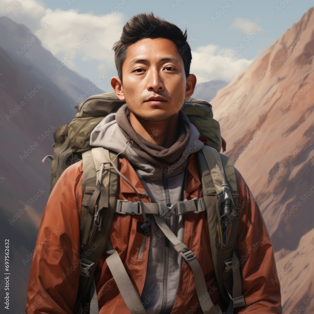 Portrait of a focused male hiker with backpack in scenic mountains, perfect for adventure and travel themes.
