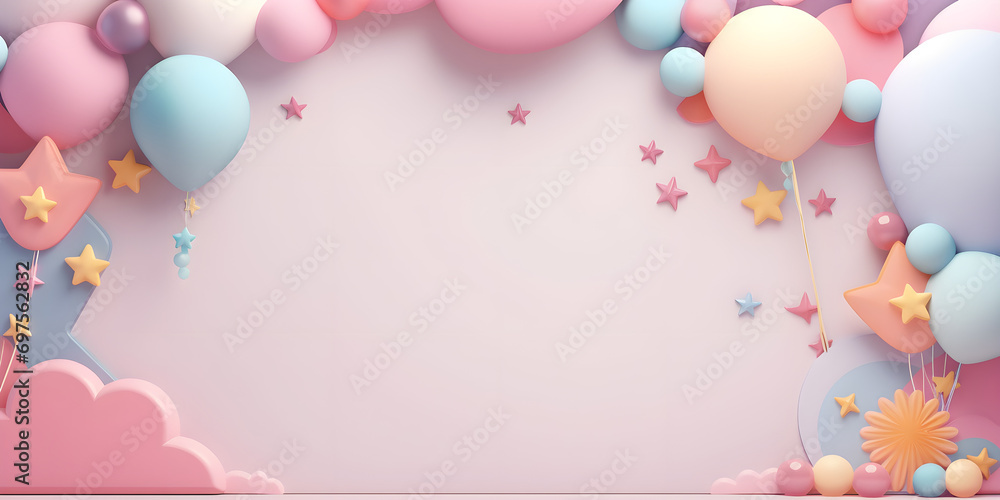 Dreamy pastel clouds and stars 3d rendered, Summer Holiday Big Party Pink Cosmetics Shop Home Background. 
