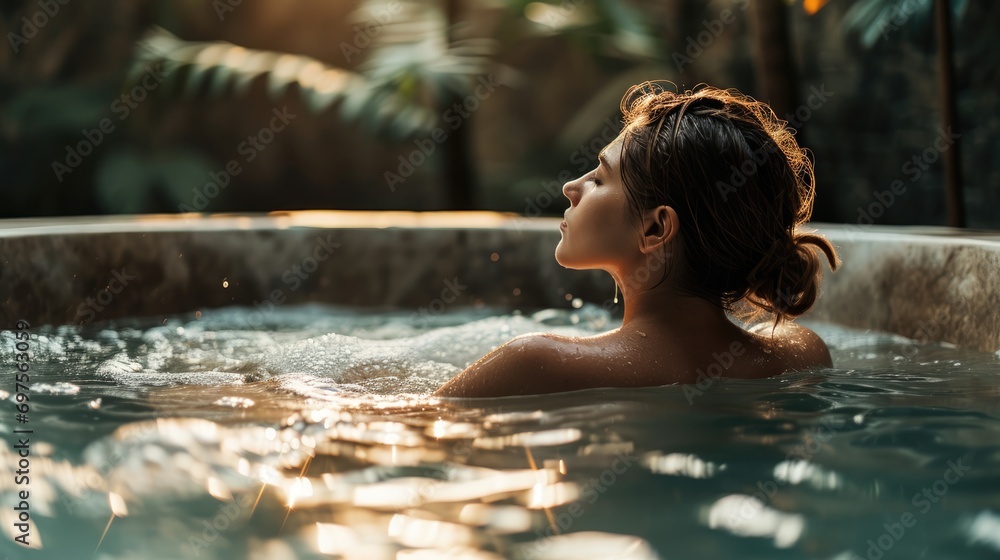Fototapeta premium Young woman relaxing in the whirlpool bathtub in the morning