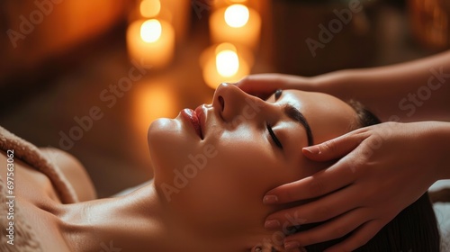 Young beautiful girl having face massage relaxing in spa salon. Wellness and spa concept.