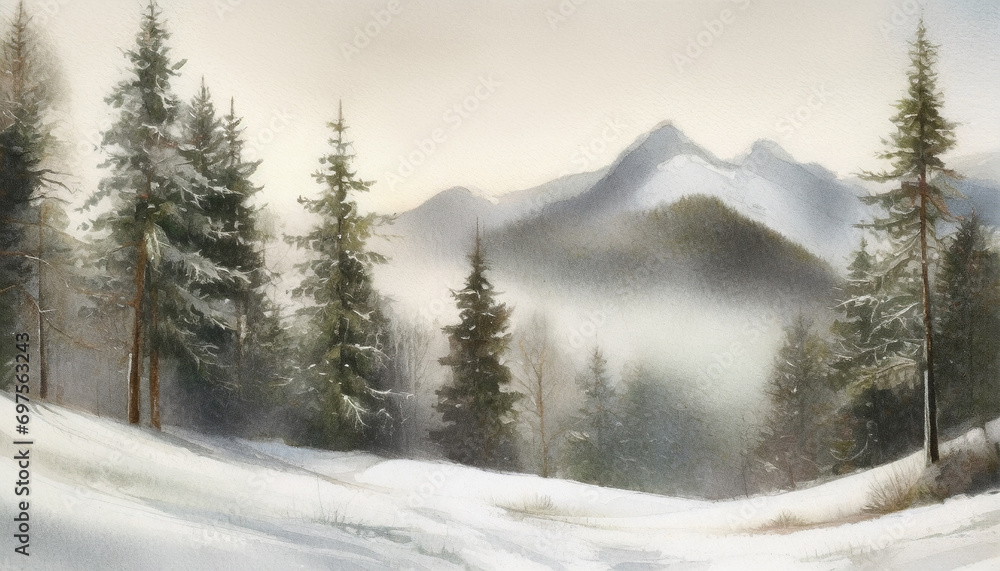 Moody vintage mystic art nature watercolor landscape painting with forest, snow, mountains, trees, mist and winter wonderland woods. ai generated.