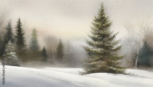 Moody vintage mystic art nature watercolor landscape painting with forest, snow, mountains, trees, mist and winter wonderland woods. ai generated. © Laura