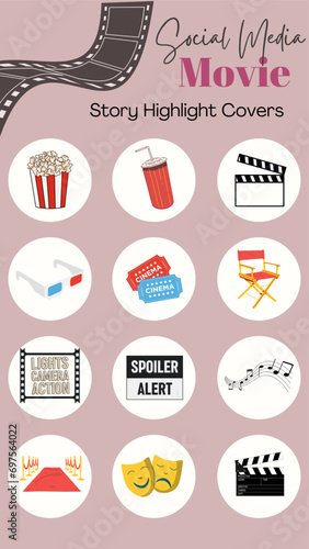  social media story and highlight cover icons set for Movie Bloggers, Movie Lovers, Creative, Directors, Movie Theaters. White linear pictograms collection. Thin line drawings pack for branding.