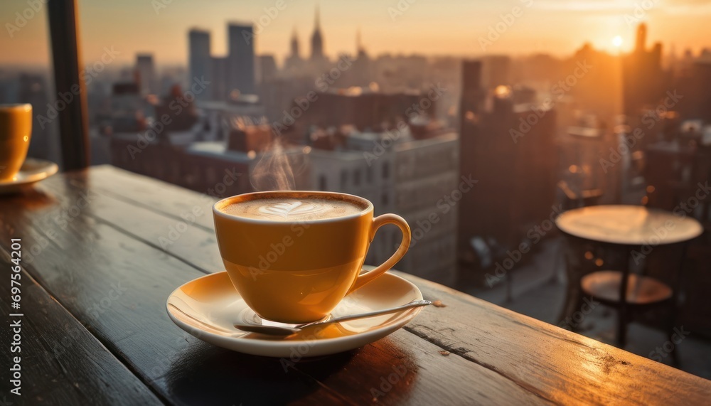  a cup of coffee sitting on top of a wooden table next to a cup of coffee on top of a saucer on top of a wooden table with a city skyline in the background.