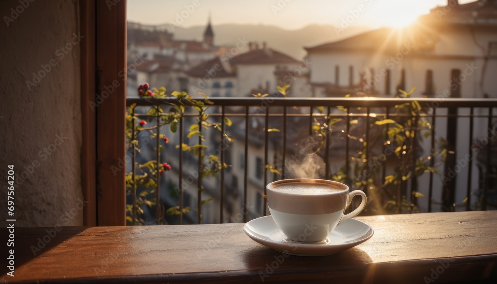  a cup of coffee sitting on top of a saucer on a wooden table next to a balcony with a view of a city and a building in the distance.