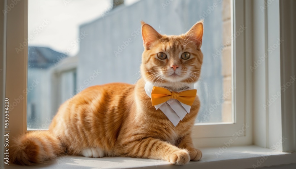  an orange cat wearing a bow tie sitting on a window sill in a room with a blue wall and a window sill behind it is a white window.