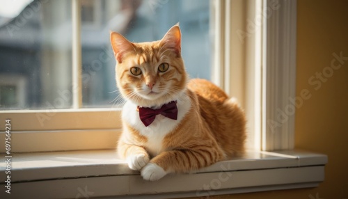  an orange and white cat wearing a red bow tie sitting on a window sill in front of a window with the sun shining through the window pane behind it.