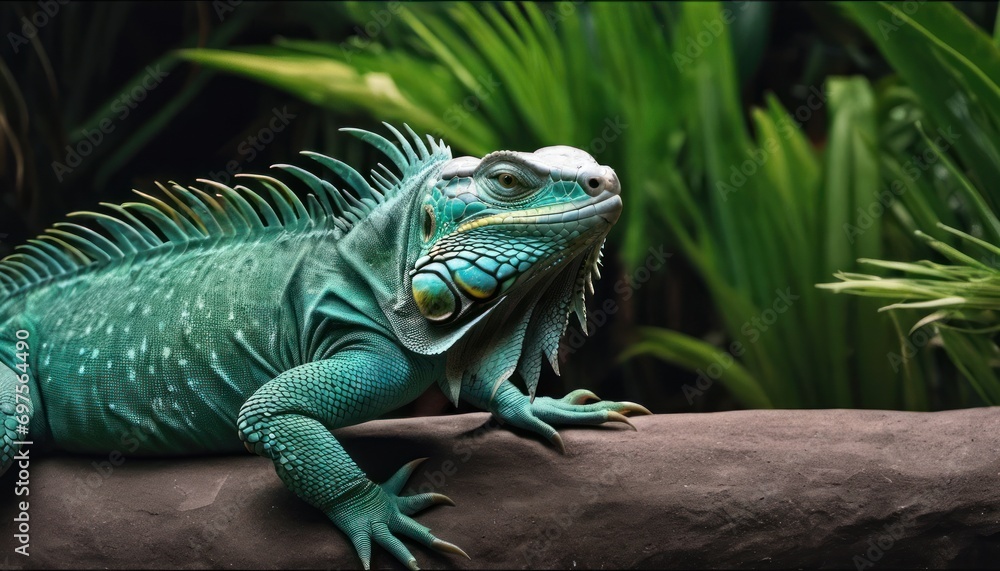a close up of a green iguana on a rock in front of some trees and plants on a sunny day with green leaves in the backround. a close up of a green iguana on a rock in front of some trees and plants on a sunny day with green leaves in the backround.