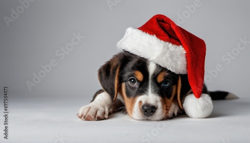  a puppy wearing a santa hat laying on a white floor with his paws on the floor and his head resting on his paws on the floor, while looking at the camera.