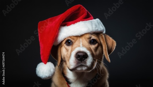  a brown and white dog wearing a santa hat on top of it's head and looking at the camera while wearing a red and white santa hat on it's head. © Jevjenijs