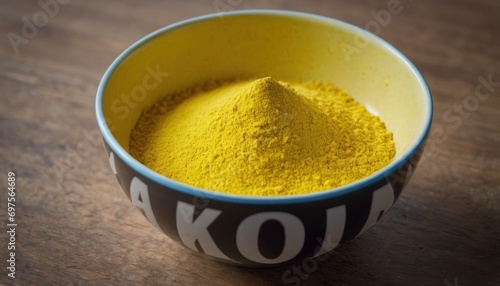  a bowl filled with yellow powder sitting on top of a wooden table next to a cup with the word kohl written on the side of the bowl in white letters.