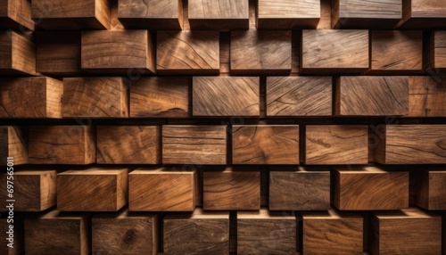 a close up of a wooden wall made out of squares and rectangles of different sizes and shapes, with a light shining on the top part of the wall.