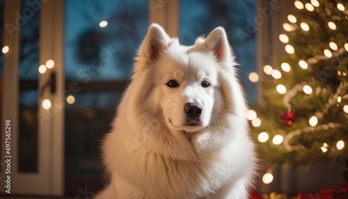  a white dog sitting in front of a christmas tree with a lite up christmas tree in the background and a lite up christmas tree in the foreground.