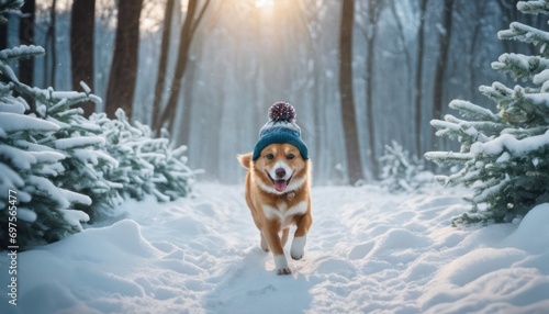  a brown and white dog wearing a blue hat running through the snow in a wooded area with snow on the ground and trees in the foreground, with the sun shining through the trees.