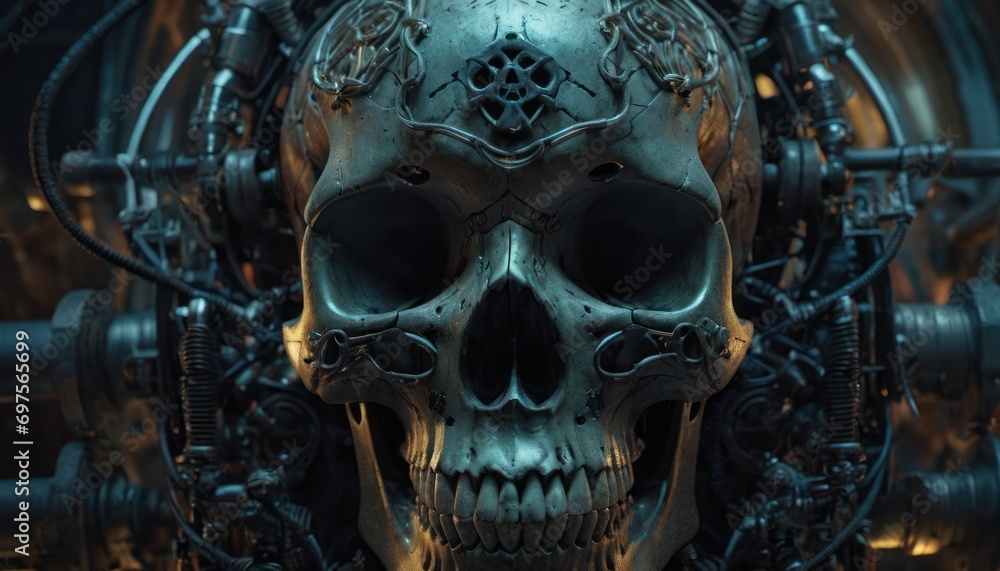 a close up of a skull with gears on it's face and in the background, a machine with gears on it's face and in the foreground. a close up of a skull with gears on it's face and in the background, a machine with gears on it's face and in the foreground.