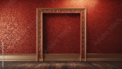  an empty picture frame in a red room with a wooden floor and a red wall with a red damask pattern on the wall and a wooden floor with a wooden floor.