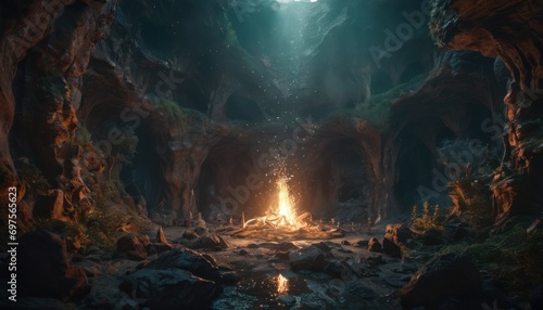  a cave with a fire in the middle of it and lots of rocks on the other side of the cave and a bright light in the middle of the cave.